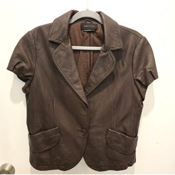 BCBGMAXAZRIA Women's Brown Leather Short Sleeve Tailored Blazer Jacket Large - Picture 1 of 14